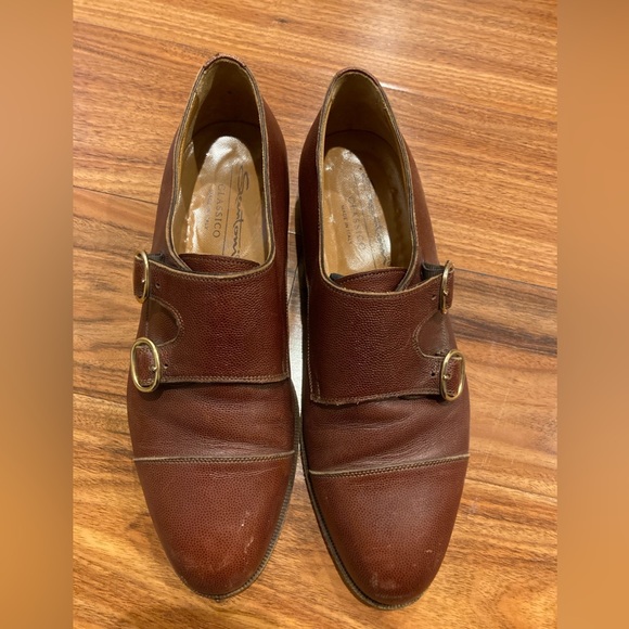 Santoni 15617  02 Brown Pebbled Leather Plain Toe Double Monk Strap Size 8.5D main image 7